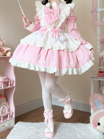 Ears Sleeves Short Sailor Apron Lolita Dress Pink Maid Bunny White with Collar