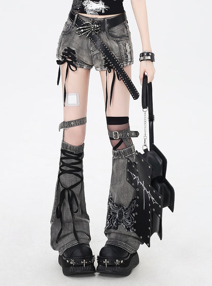 with Leg Dusty Gray Lace-up Details Butterfly Warmers Applique Hem Denim Shorts