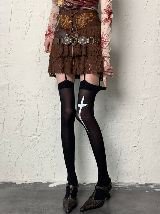 Stockings Suspender Print Cross Black Y2K