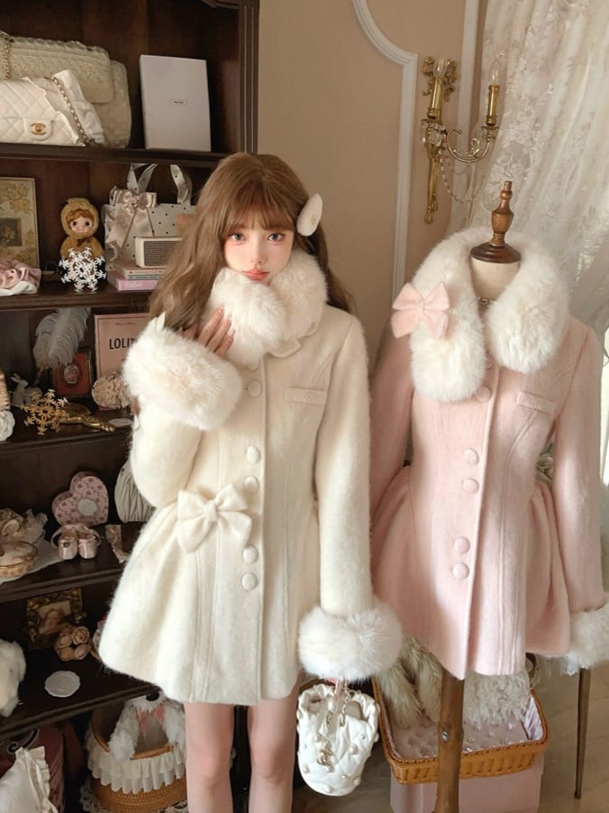 Bow Faux White Coat Fur Oversized Detachable With