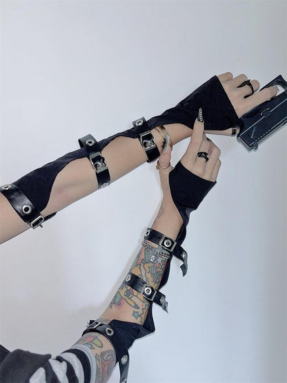 Black Punk Half Finger Gloves with Buckle Straps