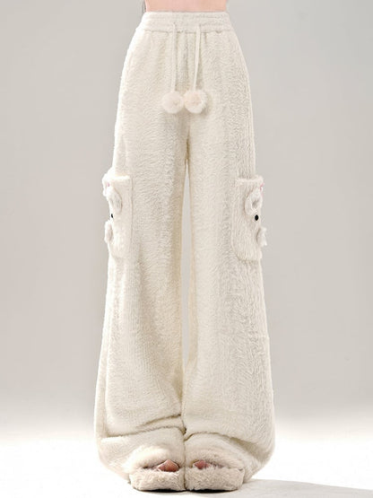 Milk White Cute Bear Pockets Fleece Lined Wide-leg Cut Soft Pants