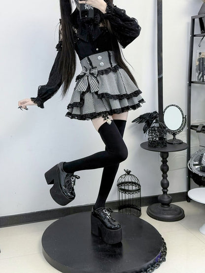 Illusion Design Neck with Jirai Rhinestone Sparkling Black Blouse Kei Buttons
