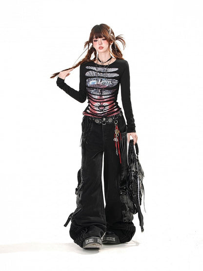 Black/White Round Neck Punk Glamorous Graphic Top