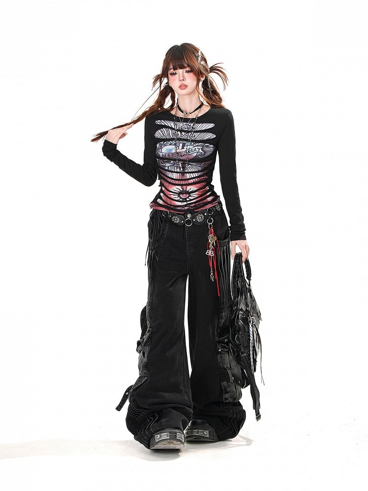 Pockets Black Wide-Leg Jeans Faded Wash Cargo Loose Acubi Fashion