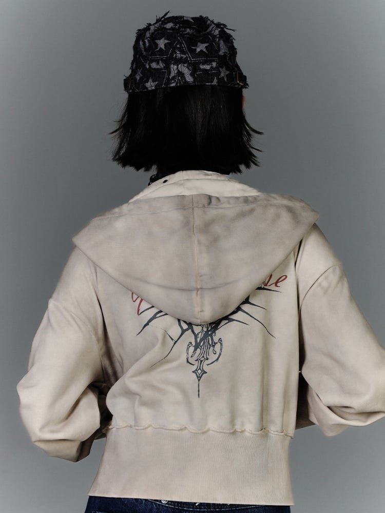 Strap Apricot Distressed Zip Closure Hoodie Wasteland Buckle Punk