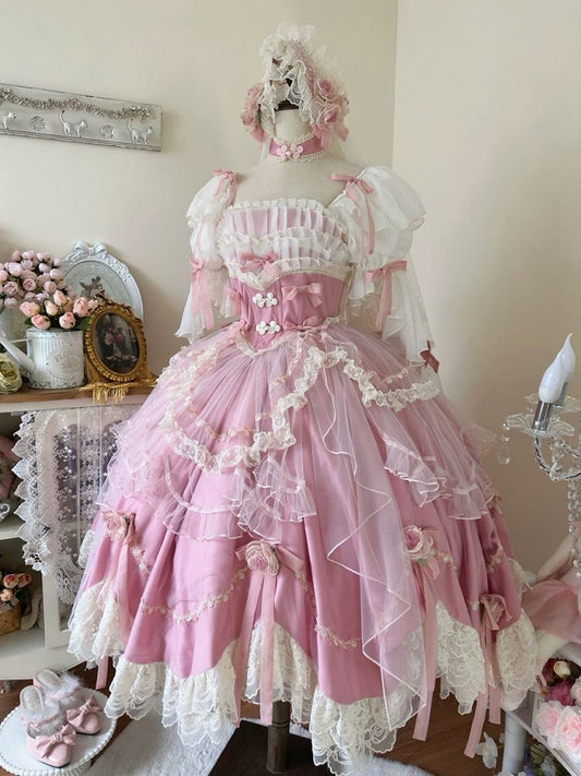 Ensemble complet de nœuds de taille basque à fleurs roses Hanayome Lolita OP /