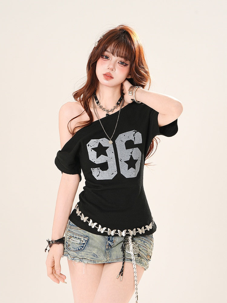 Blue Black/Dusty Asymmetrical Neckline Number Print T-Shirt
