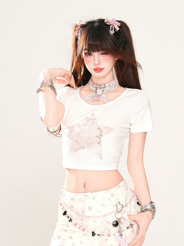 Glamorous Neck Star Print White Halter Lace Cropped T-Shirt