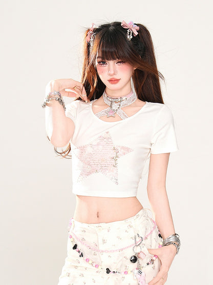 Glamorous Neck Star Print White Halter Lace Cropped T-Shirt