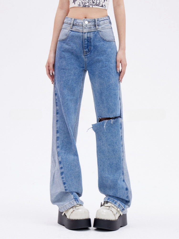 Blue Distressed Hole Jeans Slim-fitting Straight-leg