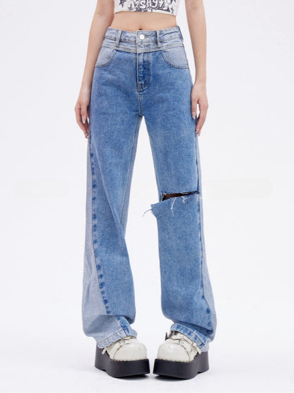 Blue Distressed Hole Jeans Slim-fitting Straight-leg