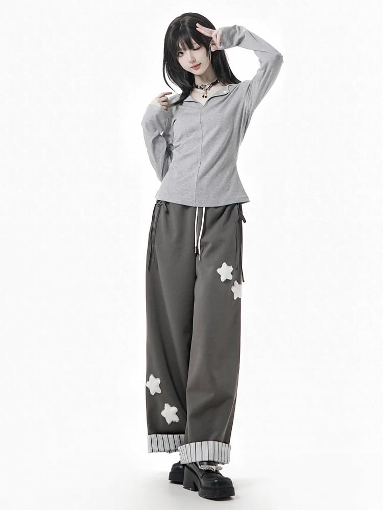 Long V-Neck Black Sleeves Reversed White Gray in Top /