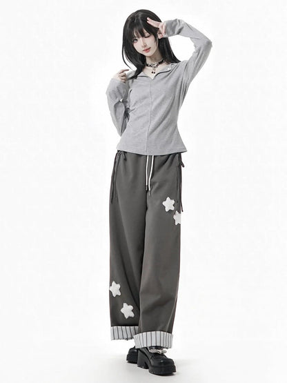 Long V-Neck Black Sleeves Reversed White Gray in Top /