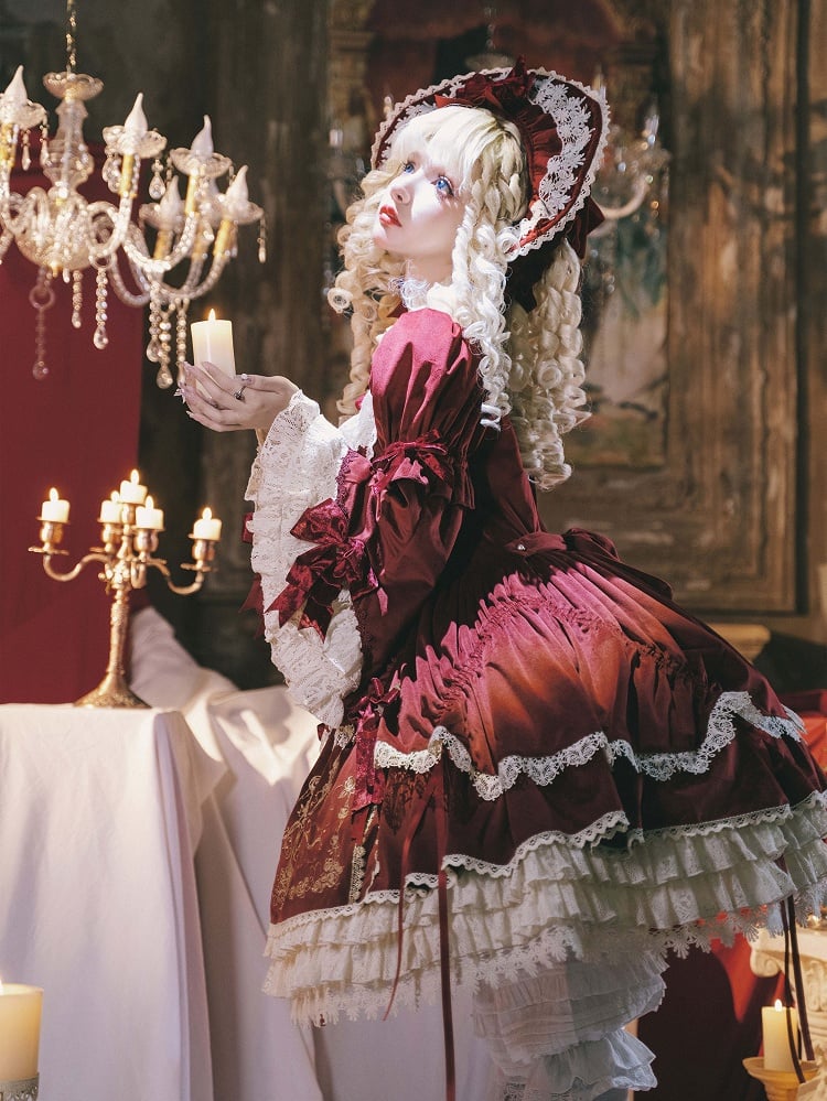 Red Candle Dress Candlestick Embroidery Velvet Bell and Sleeves