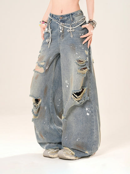 Wide-Leg Jeans Rise Distressed Holes Spray Blue Low Print Paint