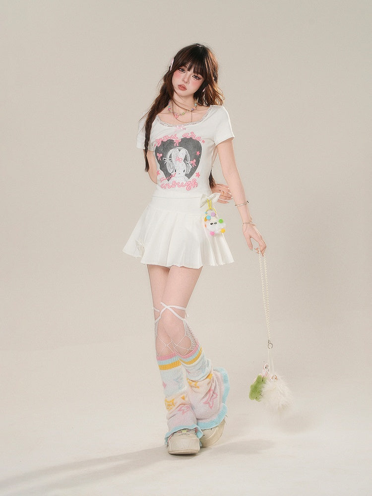 Skirt with Accents Charm JK Uniform White High Free Waist Bowknot