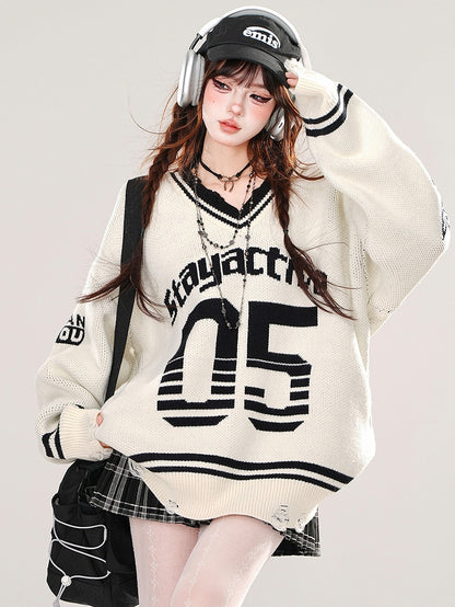 White Numbers Preppy Style V-neck Loose Sweater