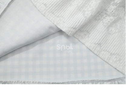 Jupe Mori Kei à carreaux en patchwork de dentelle bleue et blanche à taille haute