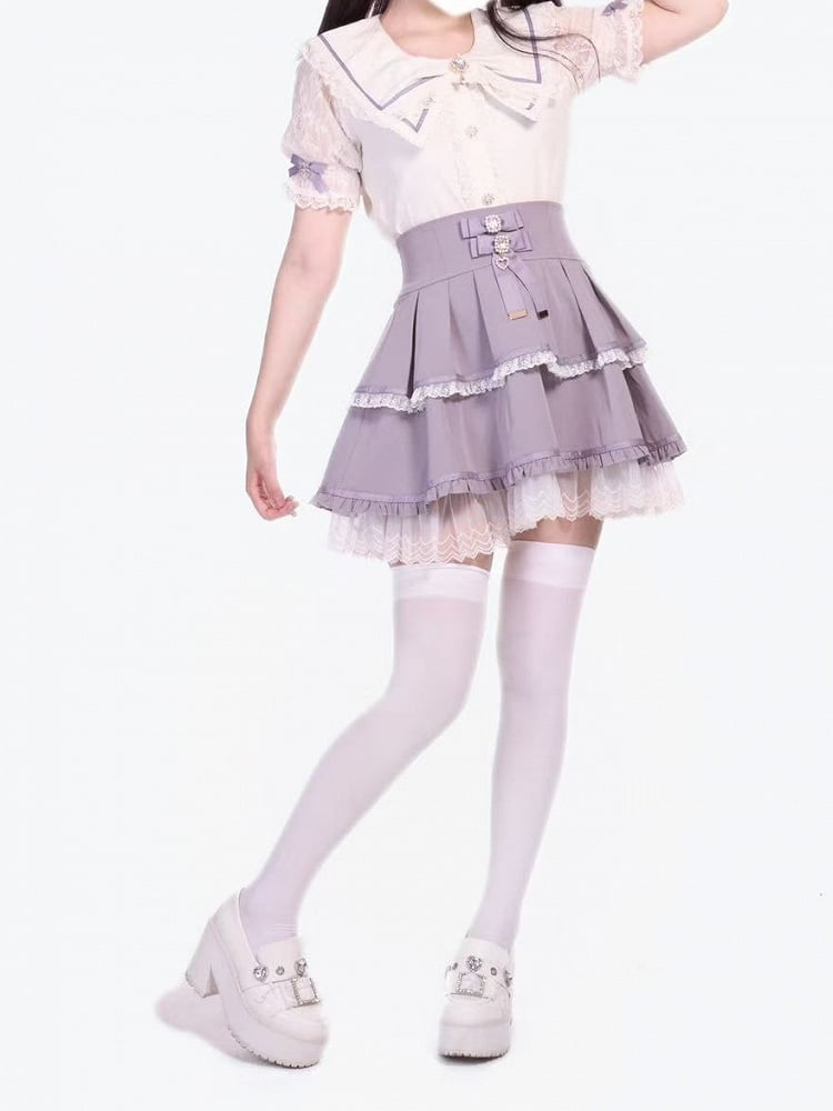 Tiered Purple Design Jirai with Kei Waist Bows Skirt High