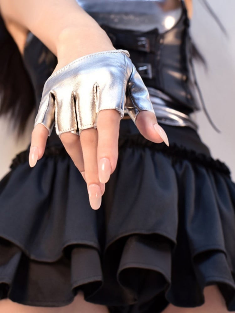 Cyberpunk Silver Futuristic Half Finger Gloves