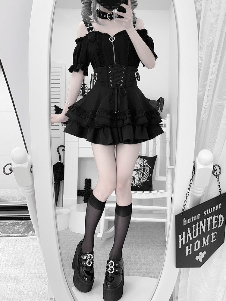 Short Style Choker Free Sleeves with Top Jirai Kei Off-the-Shoulder Neckline Landmine Black