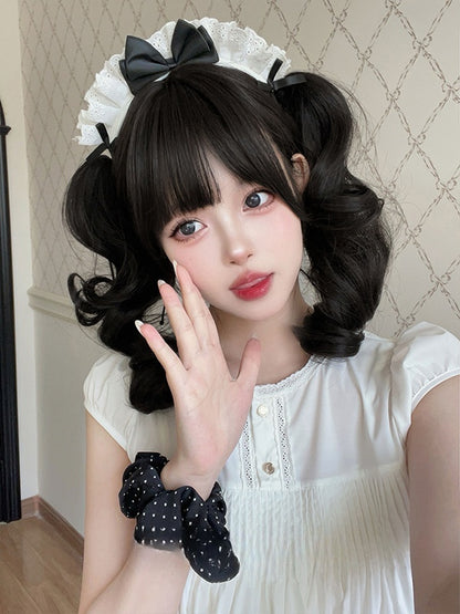 Black Tea Short Bob Cut Synthetic Wig With Double Ponytail Claw Clips