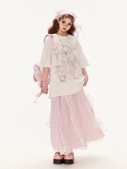 White Round Neck Bowknots Print Summer Loose T-Shirt