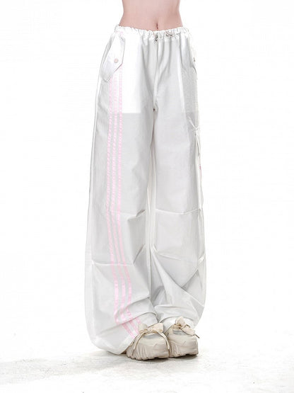 White Drawstring Waist Cargo Pockets Loose Straight-Leg Pants