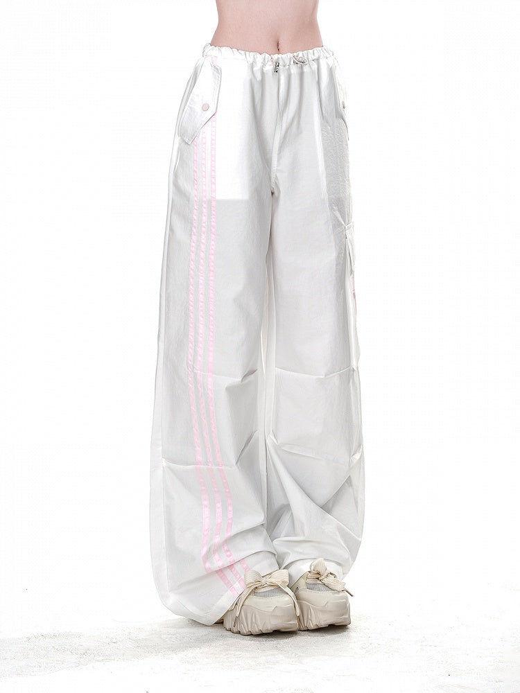White Drawstring Waist Cargo Loose Straight-Leg Pants Pockets