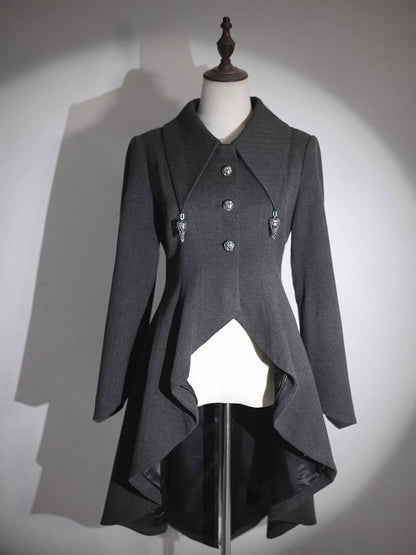 Dark Gray Pointed Flat Collar Gothic Lolita High-low Hem Coat