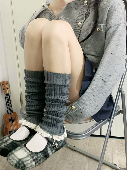 Coffee Sweet Lace Trim Knitted Leg Warmers