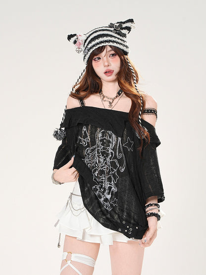 Ausschnitt Lose Schwarz/Weiß Mädchen Print T-shirt Off-the-shoulder