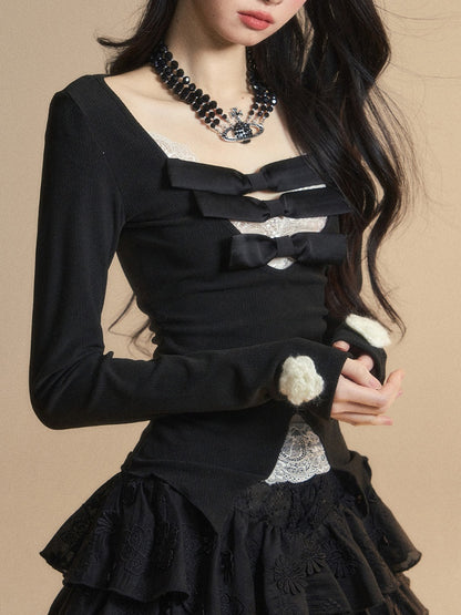 Lace Patches Glamorous Detail Contrast White Bowknots V-neck Black Knitted Top