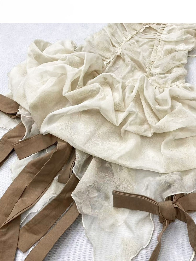 Cami Set- Self-tie Glamorous Trim Dress Ruffle Skirt + Straps Beige