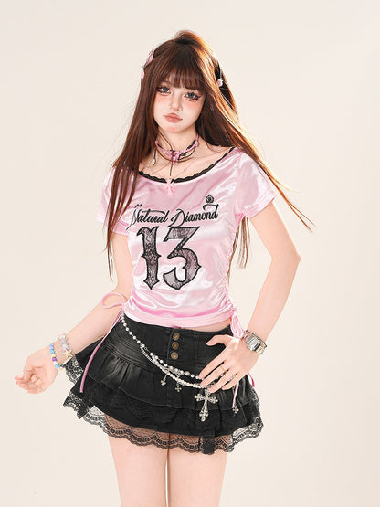 Applique Core T-Shirt Letter Embroidery Lace Blokette Side Drawstring Number Pink/White