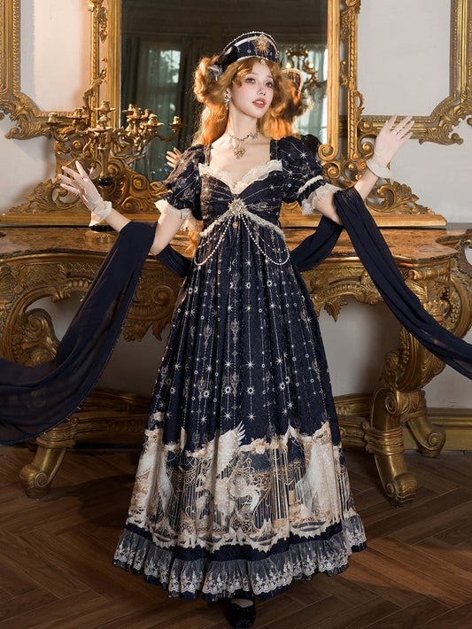 Elegant Unicorn OP Night Starry Blue Dark Set Full Empire Print Waist Lolita
