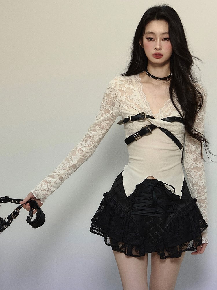 Apricot/Black Lace-up Detail Balletcore Lace Skirt