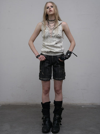 Black Details Shorts Wash Punk Wasteland Decorated Buckle Faded Studs