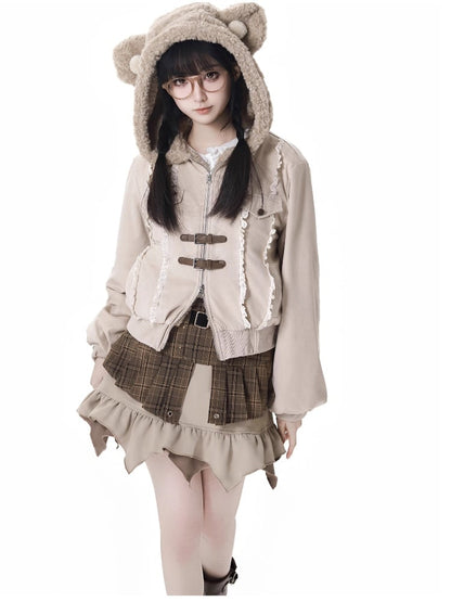 Beige Bear Ears Hood Lace Trim Coat