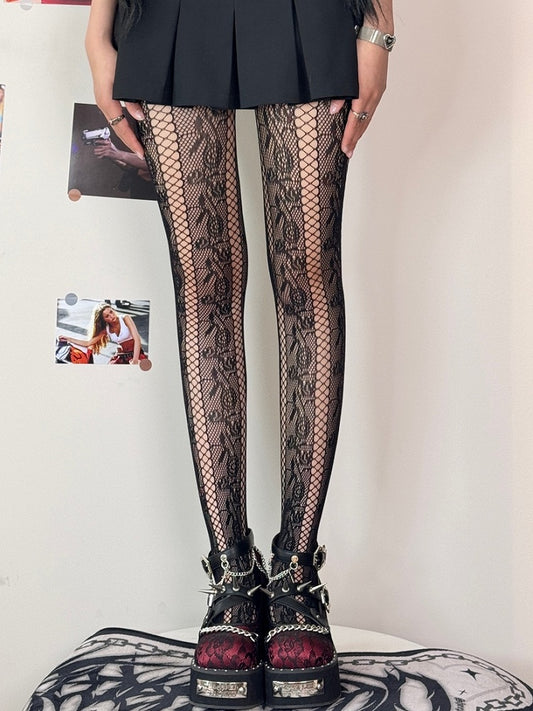 Tights Cut-out Rosette Black/White/Brown/Purple Y2K Design Pattern