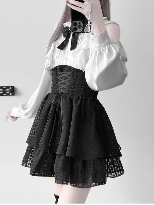 Jirai Kei Set -White Ruffle Neckline Cutout Shoulder Blouse+Black Lace-up Detail Tiered Skirt+Big Bow