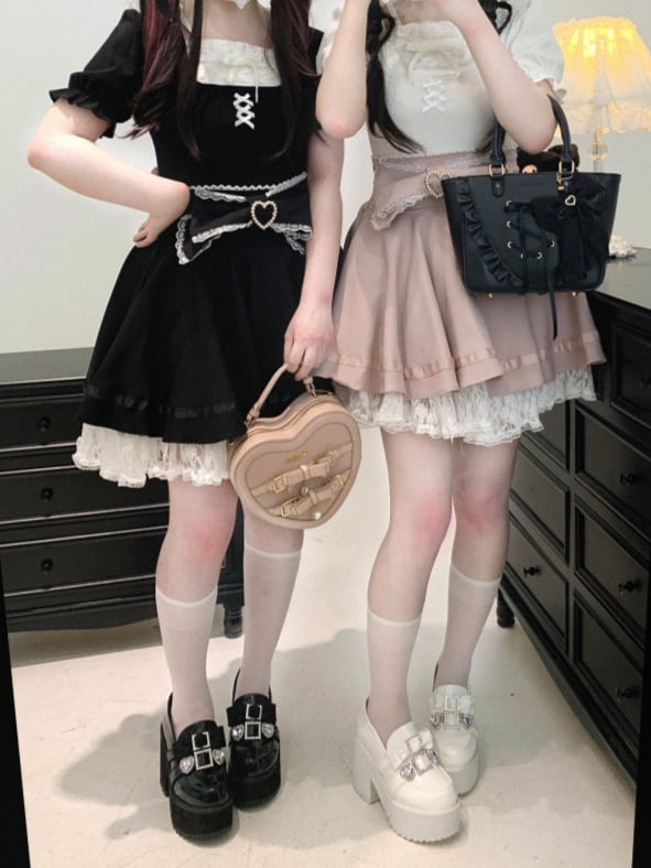 Jirai Kei Lace Bow Big Back Skirt Black/Light Trim Beaded Heart Decorated Blue Lace-up