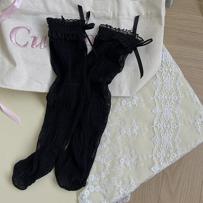 Socks Ruffled Lace Details Bowknot White/Black Tulle