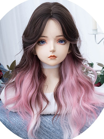 Pink-black Ombre Long Wavy Synthetic Wig With Curtain Bangs
