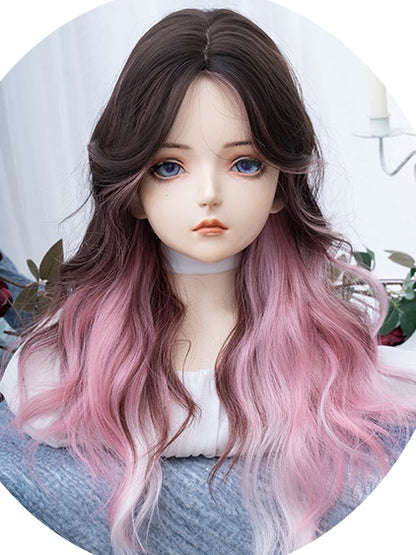 Pink-black Ombre Long Wavy Synthetic Wig With Curtain Bangs
