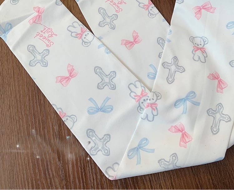 Lolita Overknee Bowknot Print Stockings White Cross Bear Sweet and