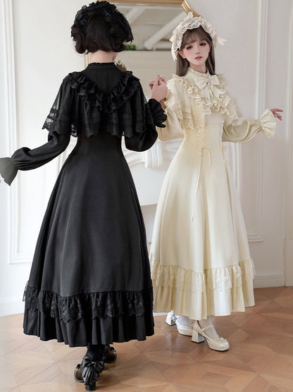 Neckline Lace-up Ruffle with Lolita Dress Shawl Detachable Waist Black Elegant