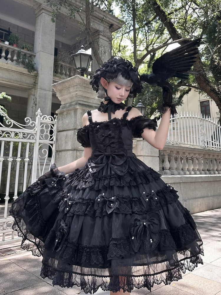 All Details at with Bow Lolita Back Dress Bead Big and Accents Princess Black