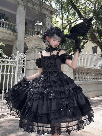 All Details at with Bow Lolita Back Dress Bead Big and Accents Princess Black